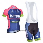 2014 Fietskleding Lampre Merida Roze en Blauw Korte Mouwen en Koersbroek