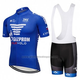 2018 Fietskleding Gazprom Rusvelo Blauw en Wit Korte Mouwen en Koersbroek