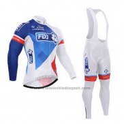 2015 Fietskleding FDJ Wit en Blauw Lange Mouwen en Koersbroek