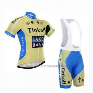 2015 Fietskleding Tinkoff Saxo Bank Azuur en Geel Korte Mouwen en Koersbroek